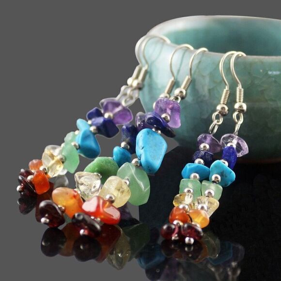 Natural Stone Dangle Earrings Womens Statement 7 Multi Color Chakra Jewelry New - Picture 3 of 4